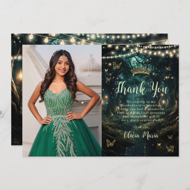 Enchanted Forest Emerald Green Quinceañera Photo Thank You Card (Front/Back)