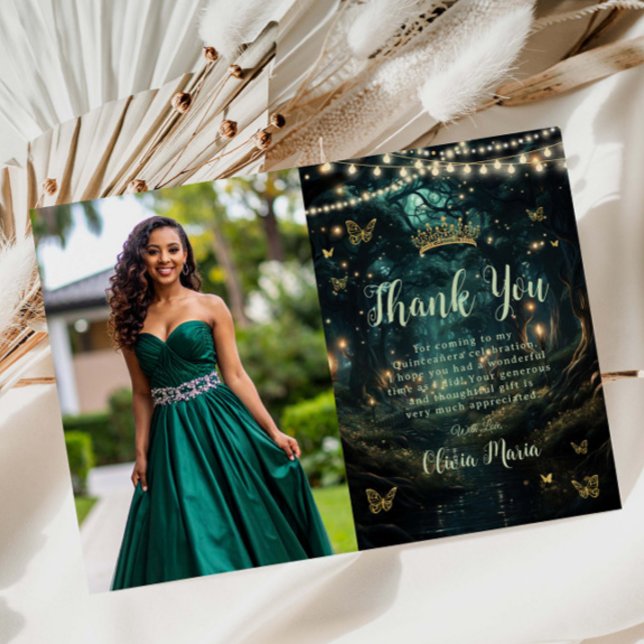 Enchanted Forest Emerald Green Quinceañera Photo Thank You Card (Creator Uploaded)