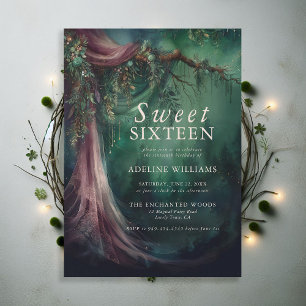 Enchanted Forest Emerald Mauve Fairytale Sweet 16 Invitation