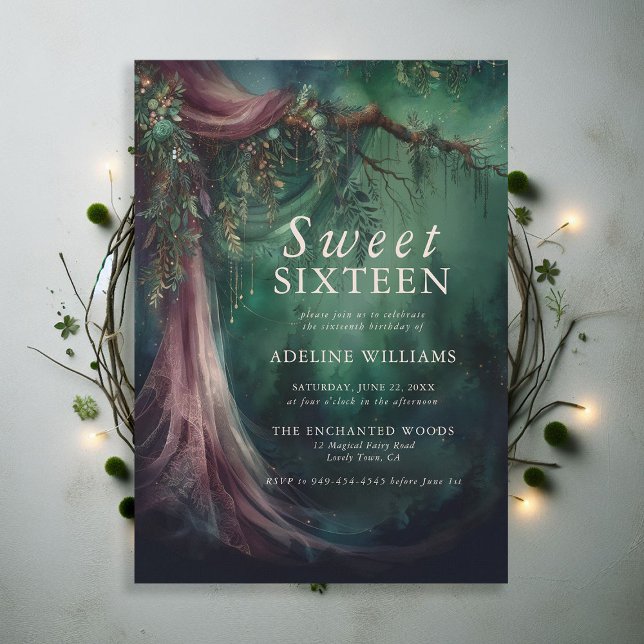 Enchanted Forest Emerald Mauve Fairytale Sweet 16 Invitation (enchanted forest sweet 16 emerald green mauve purple veil woodland fairy tale faerie magic invite)
