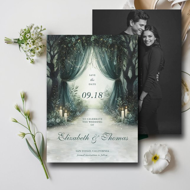 Enchanted Forest Emerald Moody Dark Photo Wedding Save The Date (enchanted forest woodland wedding save the date arch canopy fairy tale magic bespoke moody dark)