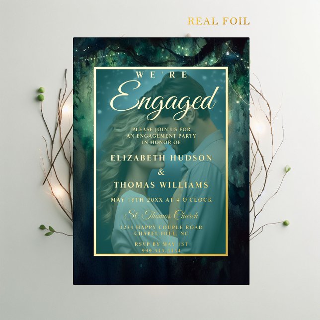 Enchanted Forest Emerald Photo Engagement Party (enchanted forest photo engagement party invitation magical garden fairy lights hanging vines gold)