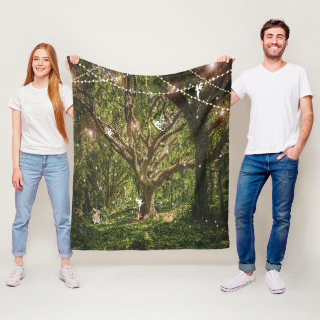 Enchanted Forest Fairies Bunny Mushrooms Fleece Blanket (In Situ)