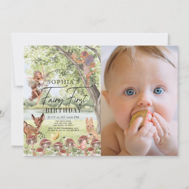 Enchanted Forest Fairy First Birthday Photo Invitation (Front)