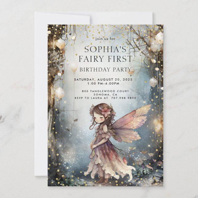Enchanted Forest Fairy First Girl Birthday Invitation (Front)