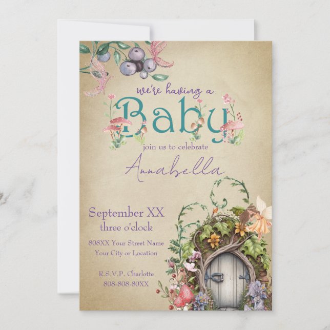 Enchanted Forest Fairy Garden on Faded Parchment Invitation (Front)