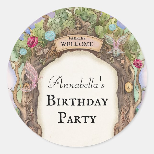 Enchanted Forest Fairy Garden on Pink Classic Round Sticker (Front)