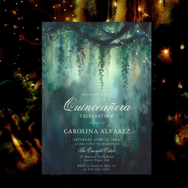 Enchanted Forest Fairy Lights Magical Qinceanera Invitation (enchanted forest quinceanera invitation card template watercolor vines fairy lights elegant classy)