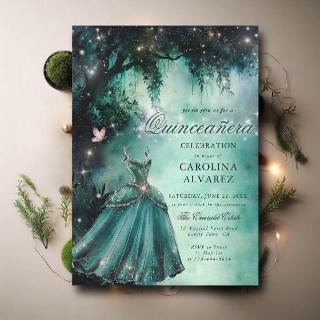 Enchanted Forest Fairy Lights Princess Quinceanera Invitation (enchanted forest quinceanera invitation emerald princess dress butterfly fairy lights elegant)