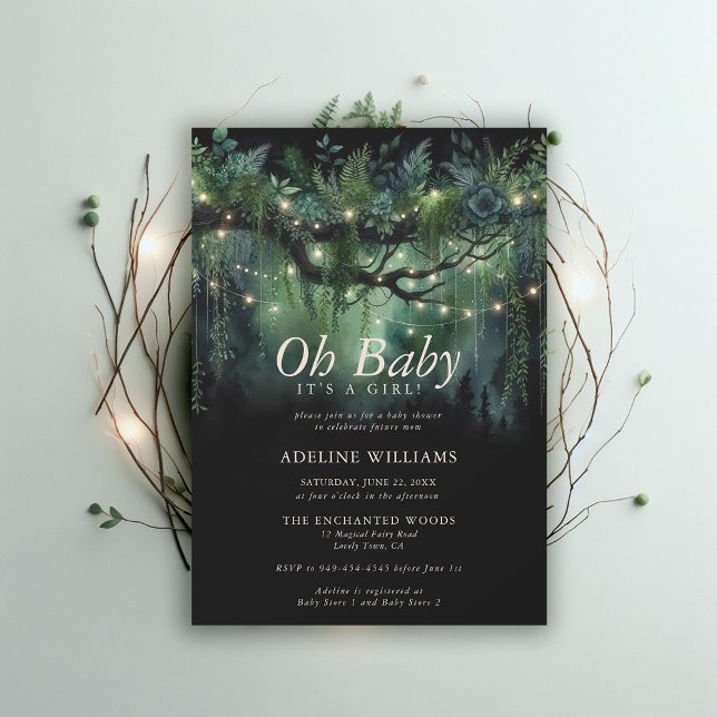 Enchanted Forest Fairy Lights Woodland Baby Shower Invitation (enchanted forest baby shower emerald green magical woodland fairy tale faerie invitation)