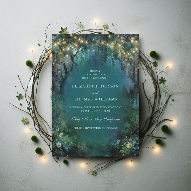 Enchanted Forest Fairy Lights Woodland Wedding Save The Date (enchanted forest woodland wedding save the date card emerald gold magic fairy tale)