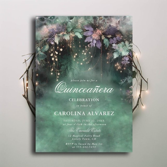 Enchanted Forest Fairy Magic Lavender Qinceanera Invitation (enchanted forest theme quinceanera gold vines lavender pink emerald green elegant classy)