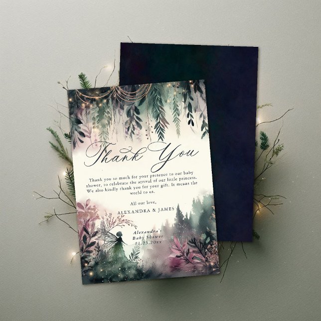 Enchanted Forest Fairy Mountains Magic Baby Shower Thank You Card (baby shower thank you card enchanted forest fairy mountains emerald mauve watercolor elegant simple)