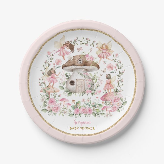 Enchanted Forest Fairy Pink Floral Baby Shower Paper Plate (Front)