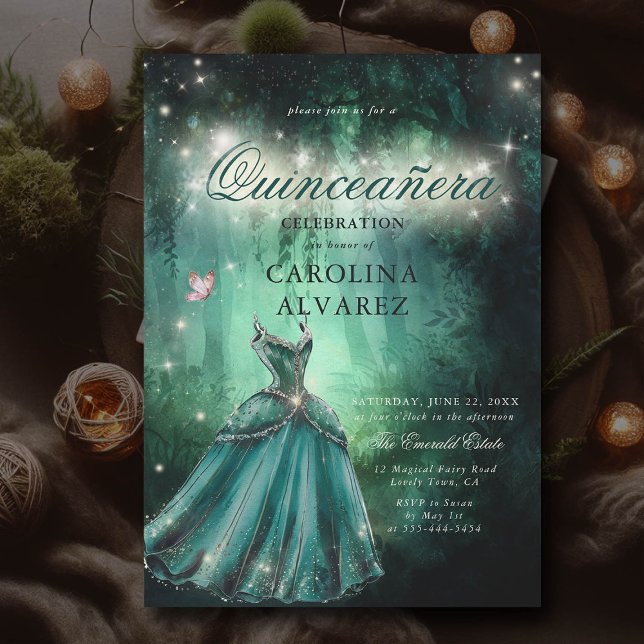 Enchanted Forest Fairy Tale Princess Quinceanera Invitation (enchanted forest quinceanera invitation fairy tale emerald princess dress butterfly sparkle glitter)