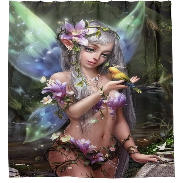 Enchanted Forest Fairy with Golden Bird Shower Curtain (Front)