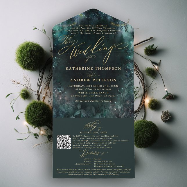 Enchanted Forest Fairy Woodland Emerald Elegant All In One Invitation (enchanted forest trifold all in one wedding invitation gold calligraphy emerald fairy woodlands)