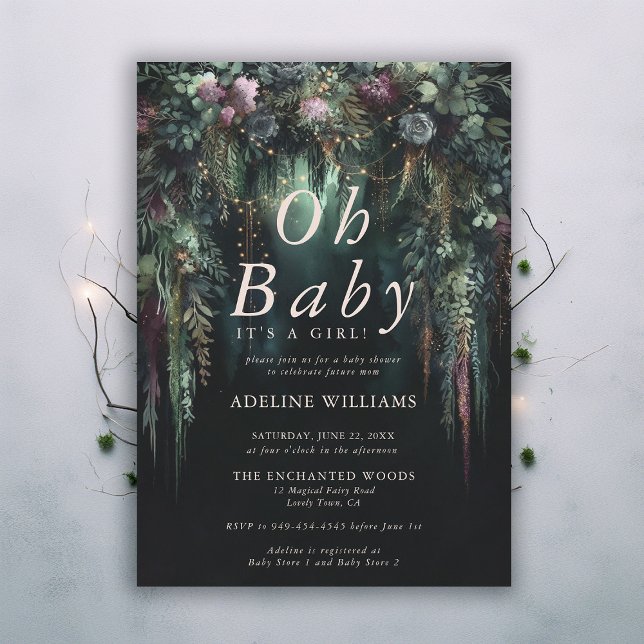 Enchanted Forest Fairytale Woodland Baby Shower Invitation (enchanted forest baby shower emerald green mauve purple arch woodland fairy tale faerie magic invite)