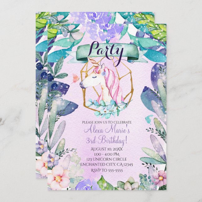 Enchanted Forest Fantasy Magical Unicorn Party Invitation (Front/Back)