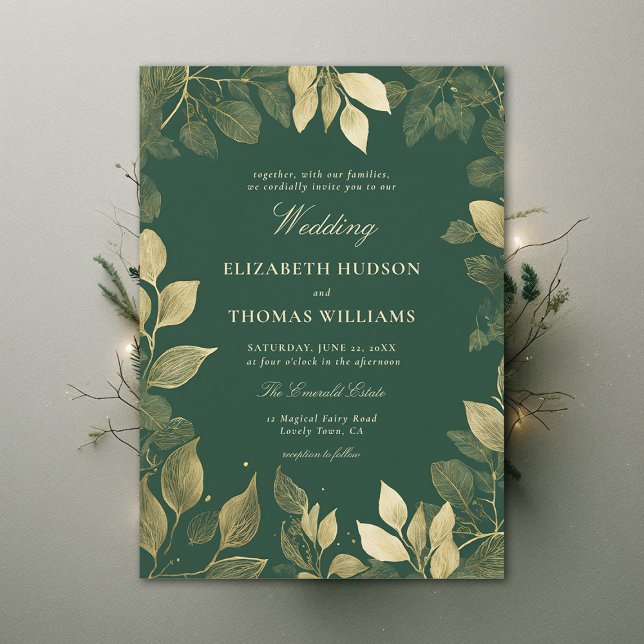 Enchanted Forest Faux Gold Foliage Elegant Wedding Invitation (enchanted forest wedding invitation gold foliage emerald green magical bespoke dark moody)