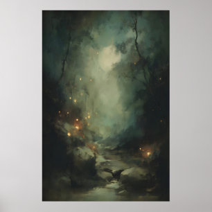Enchanted Forest Fireflies Art Printable Moody Poster
