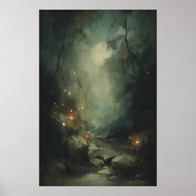 Enchanted Forest Fireflies Art Printable Moody Poster (Front)
