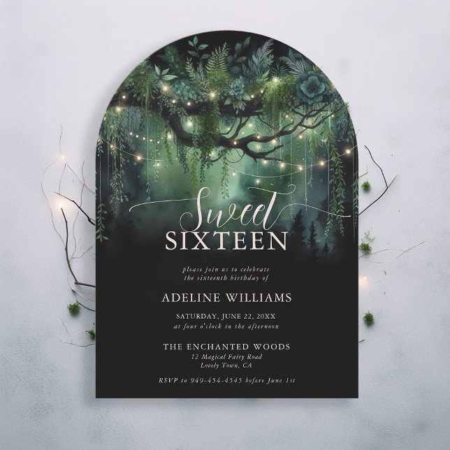 Enchanted Forest Foliage Arch Fairytale Sweet 16 Invitation (enchanted forest sweet 16 emerald green greenery arch woodland fairy tale faerie invitation)