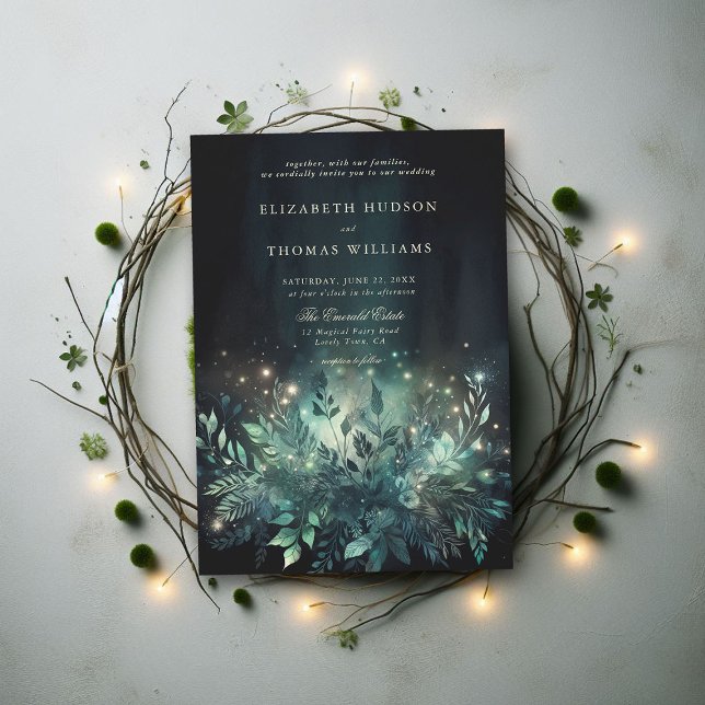 Enchanted Forest Foliage Fairy Lights Chic Wedding Invitation (enchanted forest wedding invitation elegant magical fairy garden foliage greenery emerald night boho)