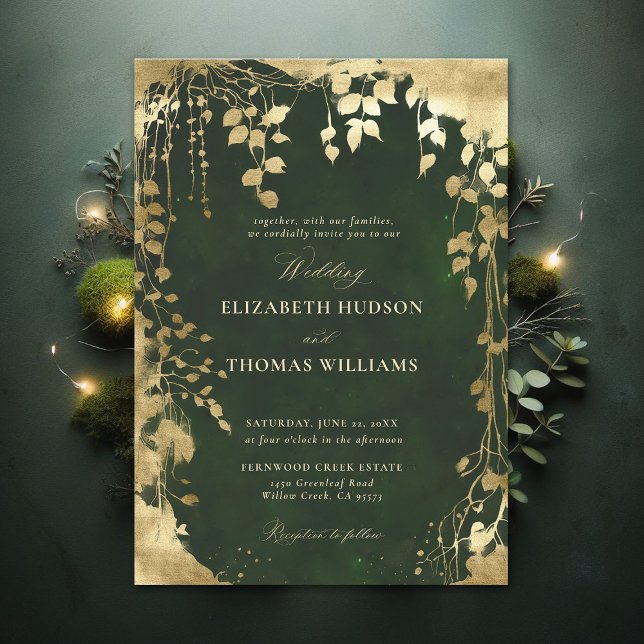 Enchanted Forest Foliage Frame Gold Magic Wedding Invitation (Enchanted Forest Hunter Green Draped Greenery Frame Modern Calligraphy Wedding Invitation)