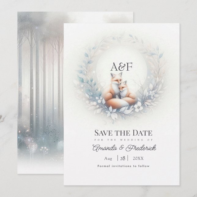 Enchanted Forest Fox Couple Monogram Wedding Save The Date (Front/Back)