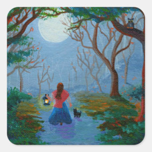 Enchanted Forest Girl Black Cat Creationarts Square Sticker