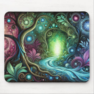 Enchanted Forest Glowing Portal Flowing River Mouse Pad