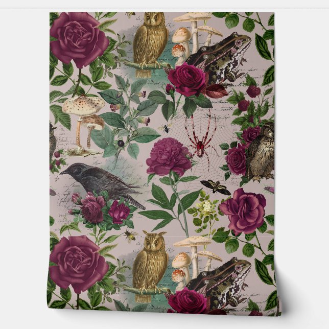 Enchanted Forest Goblincore Toile Pink Wallpaper  (Unrolling)