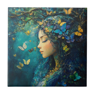 Enchanted Forest Goddess with Butterflies (1) Ceramic Tile