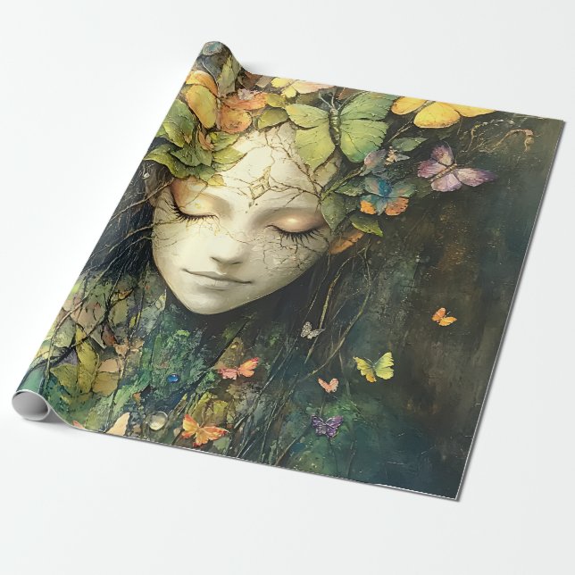 Enchanted Forest Goddess with Butterflies (2) Wrapping Paper (Unrolled)