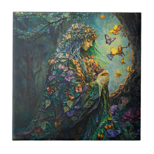 Enchanted Forest Goddess with Butterflies (3) Ceramic Tile