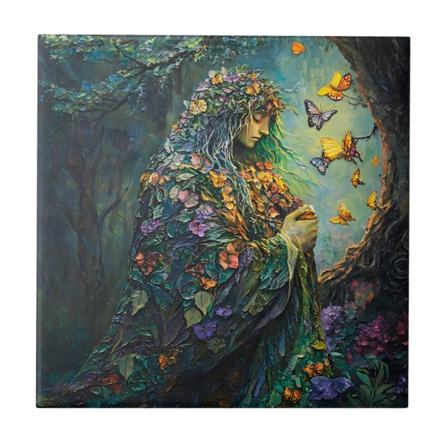 Enchanted Forest Goddess with Butterflies (3) Ceramic Tile (Front)