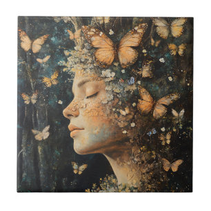 Enchanted Forest Goddess with Butterflies (4) Ceramic Tile