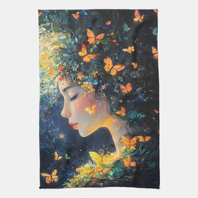 Enchanted Forest Goddess with Butterflies (5) Tea Towel (Vertical)