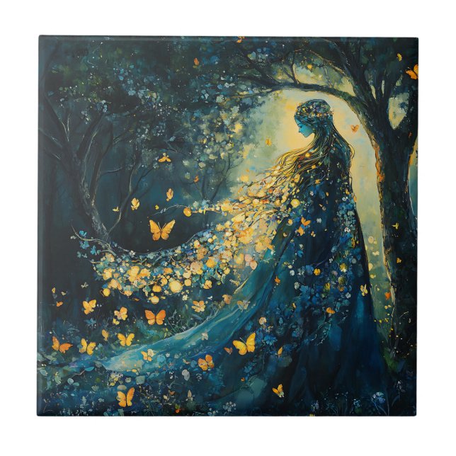 Enchanted Forest Goddess with Butterflies (8) Ceramic Tile (Front)