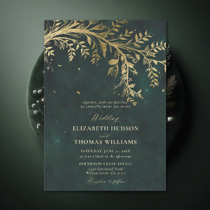 Enchanted Forest Gold Branch Emerald Green Wedding Invitation