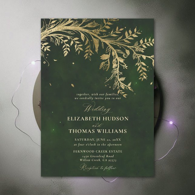Enchanted Forest Gold Branch Hunter Green Wedding Invitation (Enchanted Forest Hunter Green Draped Greenery Gold Branch Modern Calligraphy Wedding Invitation)
