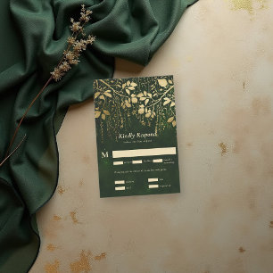 Enchanted Forest Gold Foliage Green Wedding RSVP Card