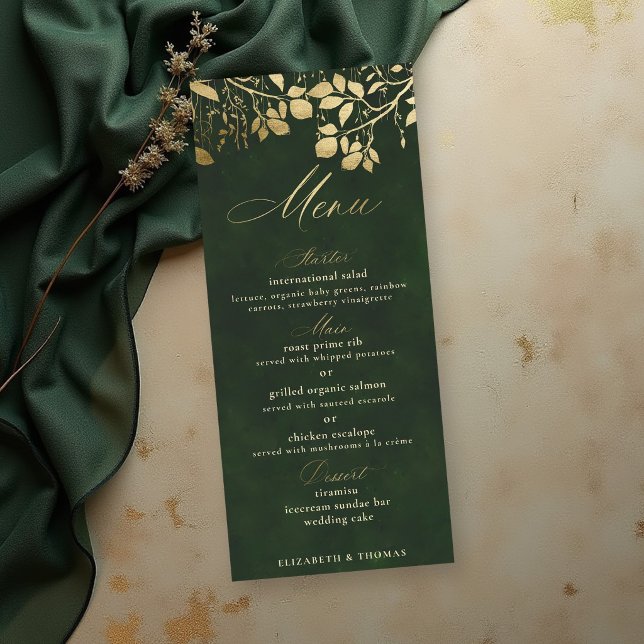 Enchanted Forest Gold Foliage Hunter Green Wedding Menu (enchanted forest wedding theme menu card gold foliage hunter green gold elegant)