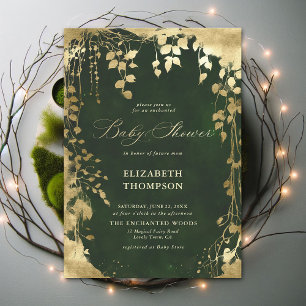 Enchanted Forest Gold Frame Foliage Baby Shower Invitation