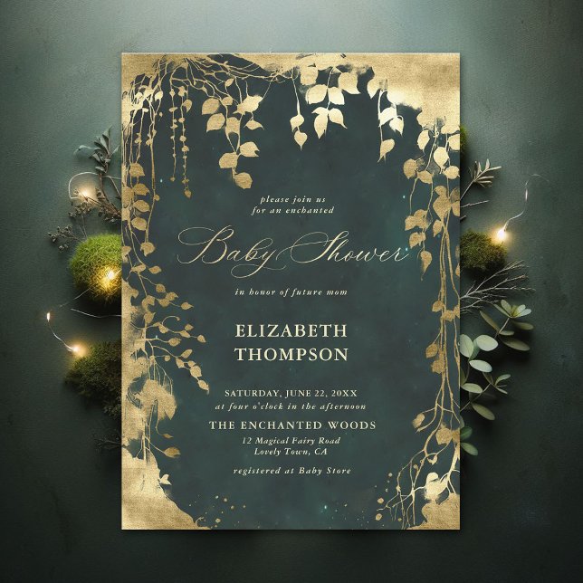 Enchanted Forest Gold Frame Greenery Baby Shower Invitation (Enchanted Forest Emerald Green Draped Greenery Frame Modern Calligraphy Neutral Baby Shower Invite)