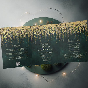 Enchanted Forest Gold Greenery All One 2  Wedding Tri-Fold Invitation
