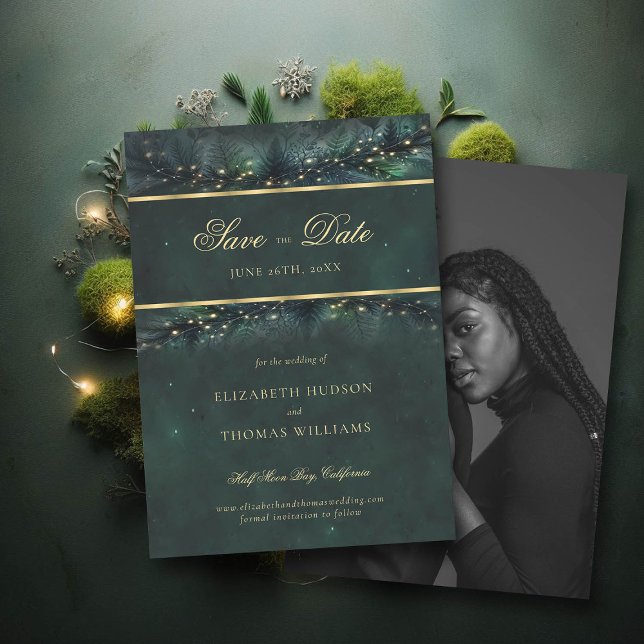 Enchanted Forest Gold Photo Wedding Save the Date Invitation (wedding save the date enchanted forest fairytale magical fairy lights gold calligraphy)