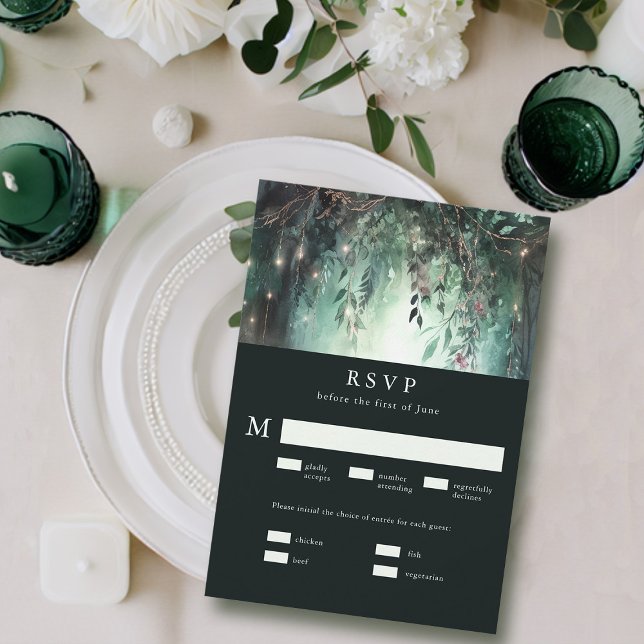 Enchanted Forest Gold Vine Meal Wedding RSVP (enchanted forest rsvp card meal choice modern elegant romantic watercolor gold vines emerald mauve)