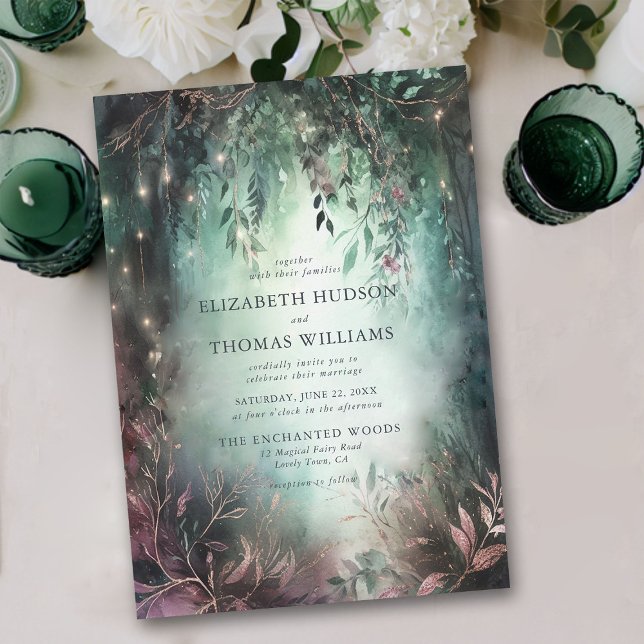 Enchanted Forest Gold Vines Mauve Magical Wedding Invitation (enchanted forest wedding invitation elegant magical fairy garden foliage greenery overhanging vines )